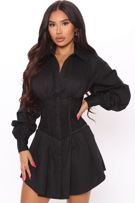 Happy Hour Corset Shirt Dress - Black ...